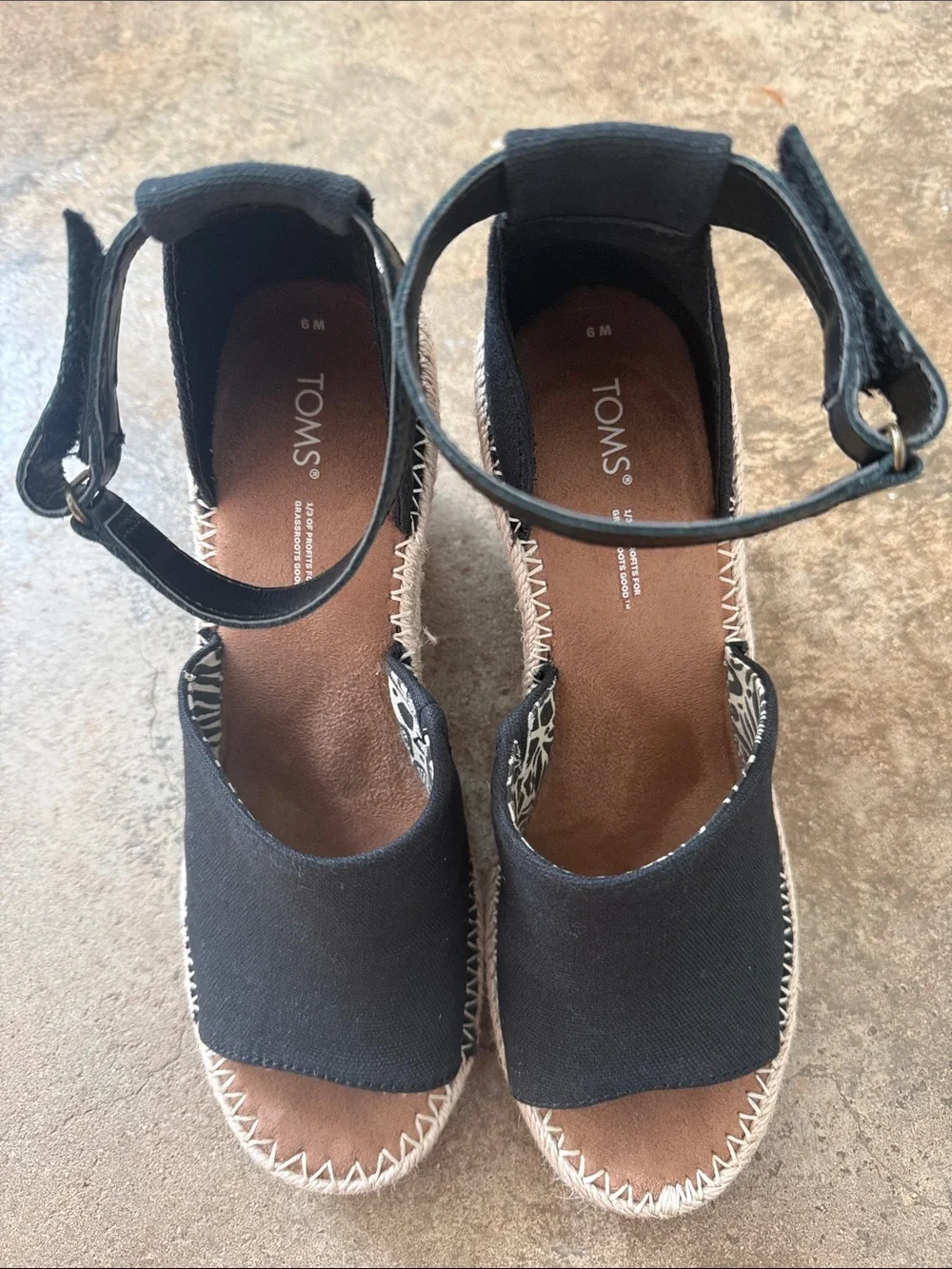 Toms Black Canvas Espadrille Wedge Sandals with Ankle Strap